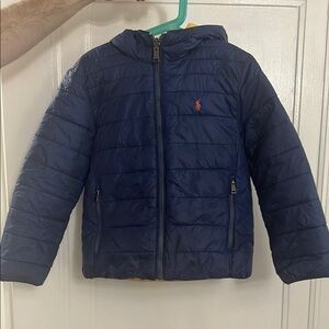 Reversible boys Navy & yellow Hooded Puffer Jacket with Red polo Logo